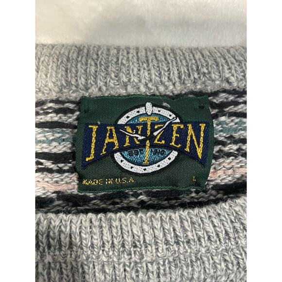Vintage Jantzen Men's Sweater Grandpa Made In USA Geometric Pullover Pink Gray L - Picture 3 of 6
